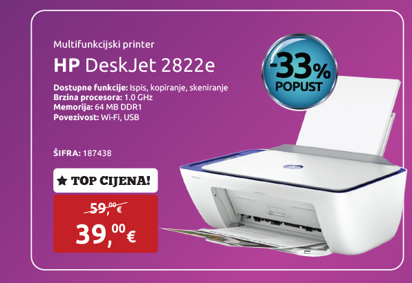 Multifunkcijski printer HP DeskJet 2822e, p/s/c, Wi-Fi, USB (588R4B)