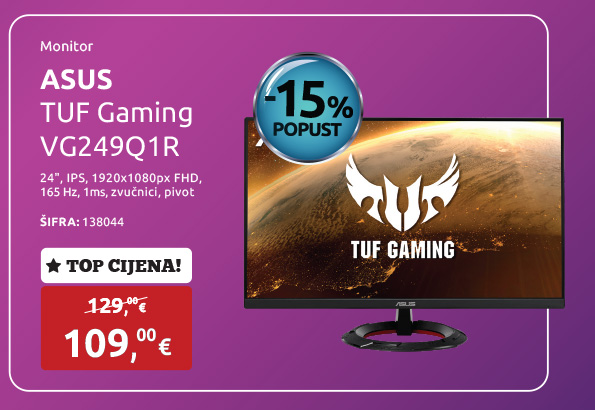Monitor ASUS TUF Gaming VG249Q1R, 24'', IPS, FHD 1920x1080px, 1ms, 165 Hz, VGA, DP, HDMI, zvučnici, pivot
									