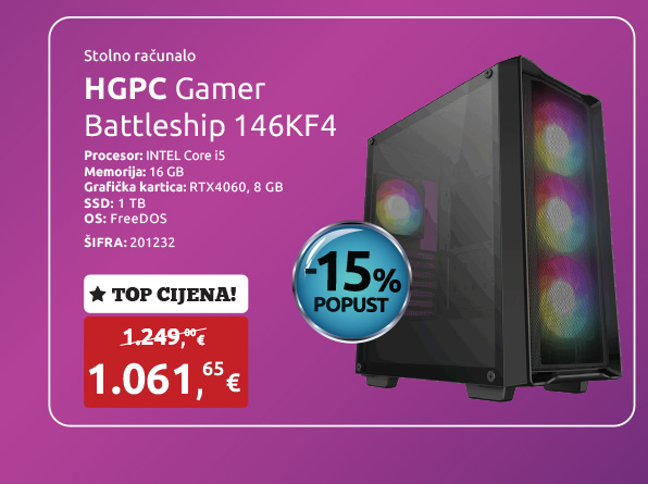 Stolno računalo HGPC Gamer Battleship 146KF4, Intel Core i5 14600KF, RTX4060 8 GB, 16 GB, SSD 1 TB NVMe, FreeDOS (I5146KF40616S1TND)