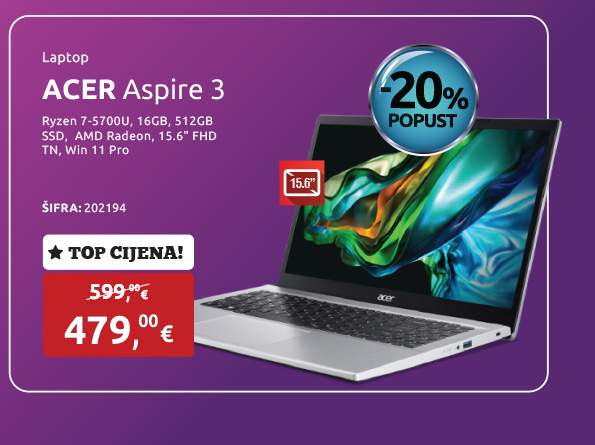 aptop ACER Aspire 3, Ryzen 7-5700U/16GB/512GB SSD/AMD Radeon/15.6'' FHD TN/Win 11 Pro (NX.KSJEX.006W)