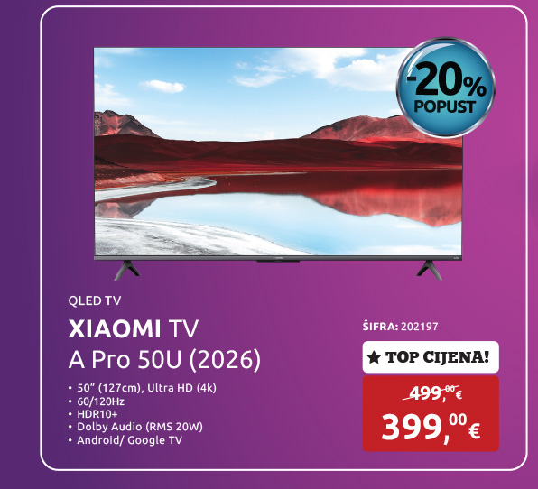 QLED TV XIAOMI TV A Pro 50U (2026), 50'' (127cm), Ultra HD (4K), 60/120Hz, HDR10+, Dolby Audio (RMS 20W), Android/ Google TV (O39PH-EU)