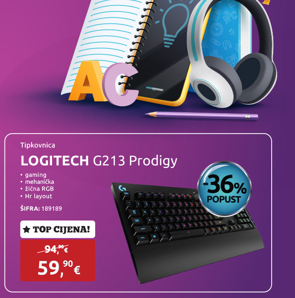 Tipkovnica LOGITECH G213 Prodigy, gaming, mehanička, RGB, žična, HR layout, crna (920-013045)