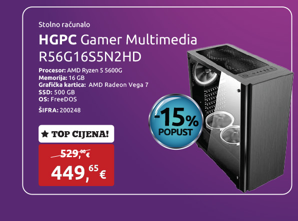 Stolno računalo HGPC Multimedia R56G16S5N2HD, AMD Ryzen 5 5600G, AMD Radeon Vega 7, 16 GB, SSD 500 GB NVMe, HDD 2 TB, FreeDOS