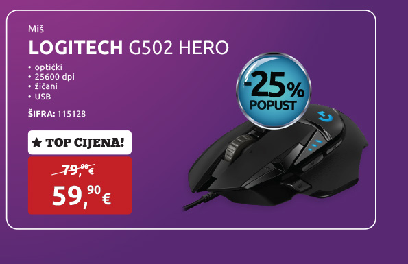 Miš LOGITECH G502 HERO, gaming, optički, 25600dpi, žičani, USB, crni (910-005470)