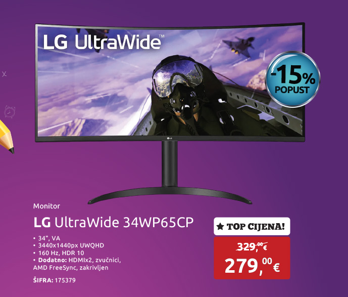 Monitor LG UltraWide 34WP65CP, 34'', VA, UWQHD 3440x1440px, 160Hz, 1ms, HDR10, AMD FreeSync, 2xHDMI, DP, zvučnici, zakrivljen