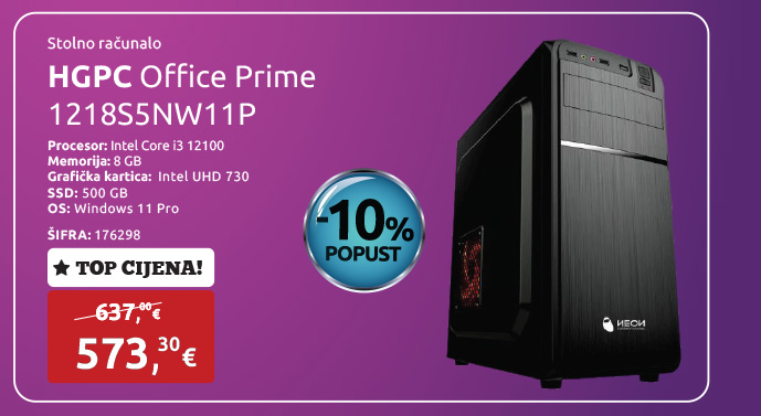 Stolno računalo HGPC Office Prime 1218S5NW11P, Intel Core i3 12100, 8 GB, Intel UHD 730, SSD 500 GB NVMe, Windows 11 Pro