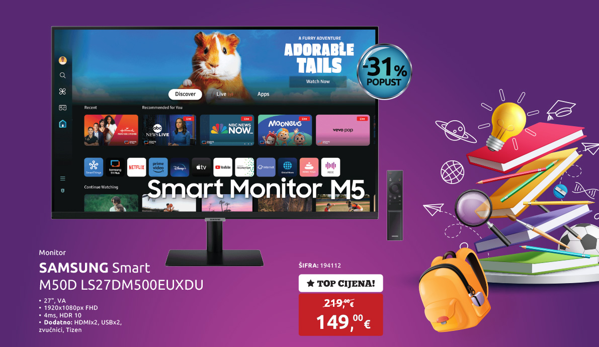 Monitor SAMSUNG Smart M50D LS27DM500EUXDU, 27'', VA, FHD 1920x1080px, 4ms, HDR10, Tizen, HDMIx2, USBx2, zvučnici