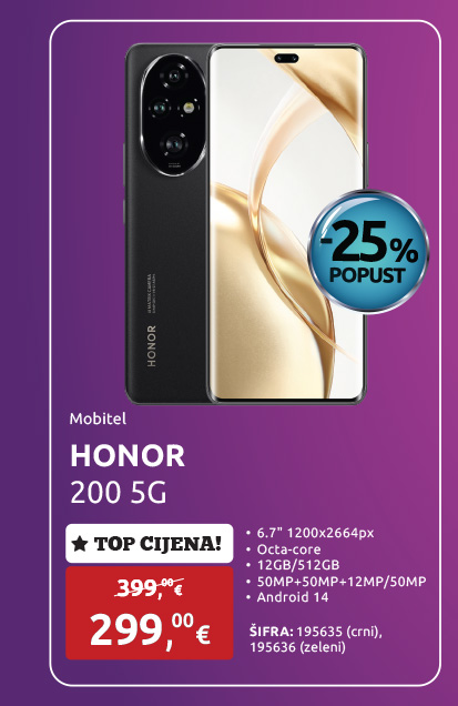 Mobitel HONOR 200 5G, 6.7'' 1200x2664px, Octa-core, 12GB/512GB, 50MP+50MP+12MP/50MP, Android 14