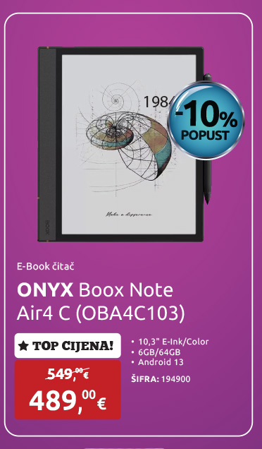 E-Book čitač ONYX Boox Note Air4 C (OBA4C103), 10,3'' E-Ink/Color, 6GB/64GB, Android 13