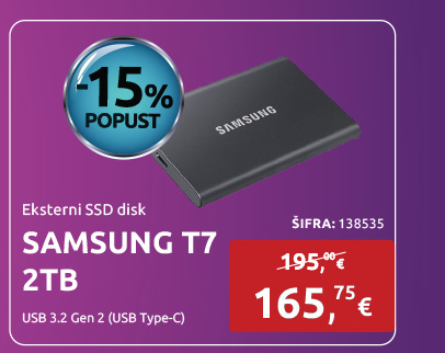 Eksterni SSD disk, 2 TB, SAMSUNG T7, USB 3.2 Gen 2 (USB Type-C), sivi, MU-PC2T0T