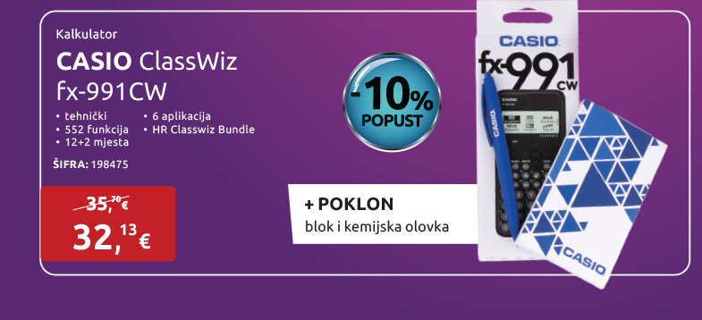 Kalkulator CASIO ClassWiz fx-991CW, tehnički, 12+2 mjesta, 552 funkcija, 6 aplikacija, crni - HR Classwiz Bundle (POKLON blok + olovka)