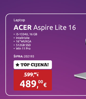 Laptop ACER Aspire Lite 16, i5-1334U/16GB/512GB SSD/IntelIrisXe/16''WUXGA/Win 11 Pro (NX.J5SEX.002W)