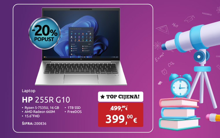 Laptop HP 255R G10, Ryzen 5-7535U/16GB/1TB SSD/AMD Radeon 660M/15.6''FHD/FreeDOS (AD1V2ET)