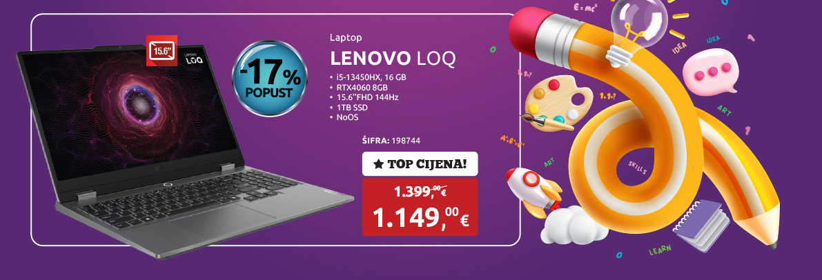 Laptop LENOVO LOQ, i5-13450HX/16GB/1TB SSD/RTX4060 8GB/15.6''FHD 144Hz/NoOS (83DV00ASSC)