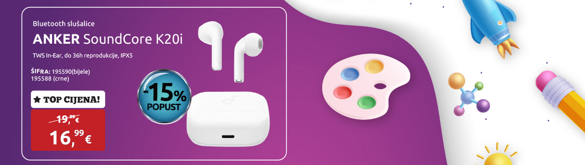 Bluetooth slušalice ANKER SoundCore K20i, TWS In-Ear, do 36h reprodukcije, IPX5