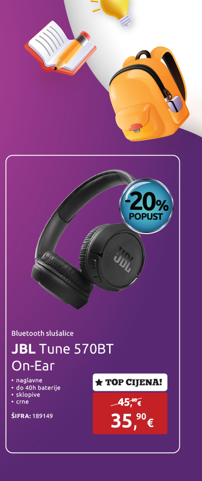 Bluetooth slušalice JBL Tune 570BT On-Ear, naglavne, do 40h baterije, sklopive, crne (JBLT570BTBLK)