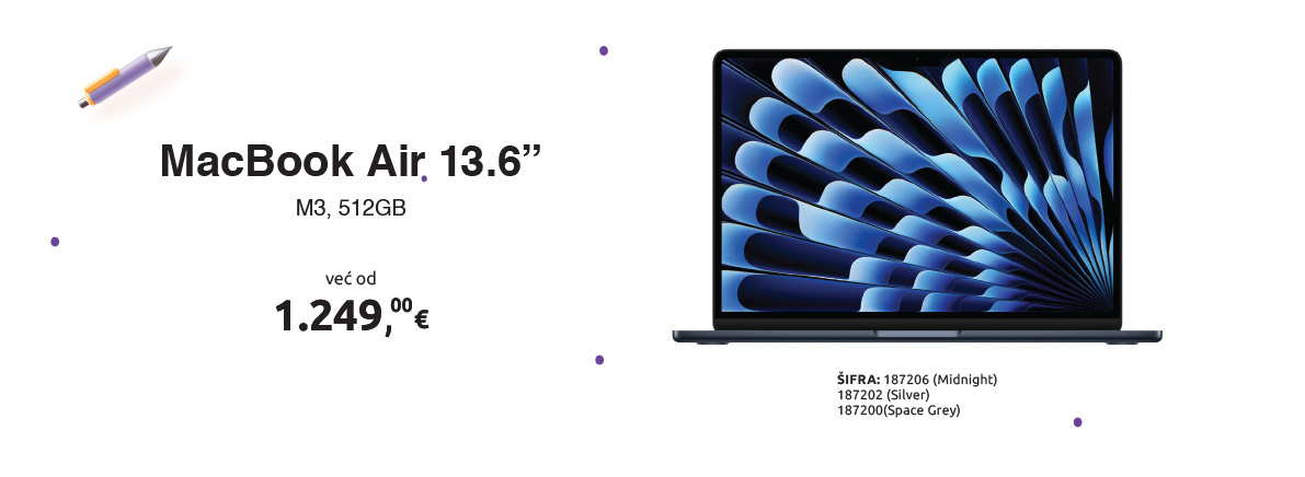 Laptop APPLE MacBook Air 13.6'', M3 čip s 8-core CPU i 10-core GPU, 16GB, 512GB SSD, CRO KB