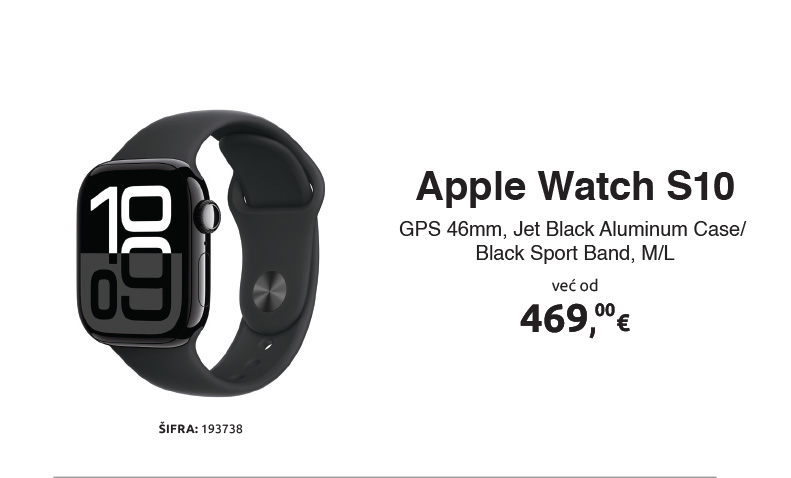 Pametni sat APPLE Watch S10, GPS 46mm, Jet Black Aluminum Case / Black Sport Band, M/L (mwwq3qh/a)