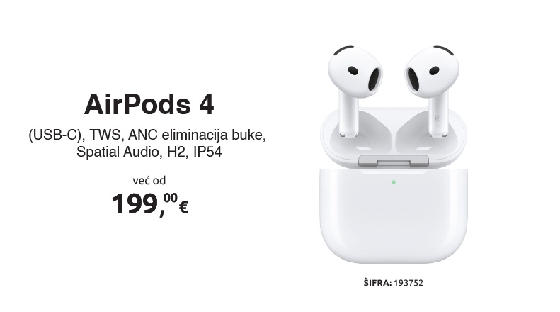 Bluetooth slušalice APPLE AirPods 4 (USB-C), TWS, ANC eliminacija buke, Spatial Audio, H2, IP54, bijele (mxp93zm/a)