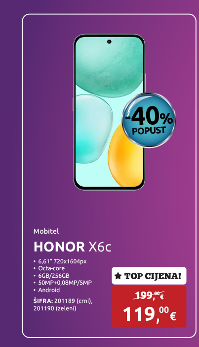 Mobitel HONOR X6c, 6,61'' 720x1604px, Octa-core, 6GB/256GB, 50MP+0,08MP/5MP, Android