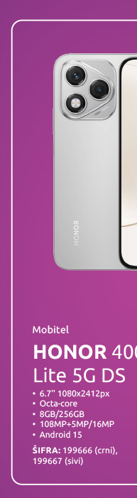 Mobitel HONOR 400 Lite 5G DS, 6.7'' 1080x2412px, Octa-core, 8GB/256GB, 108MP+5MP/16MP, Android 15