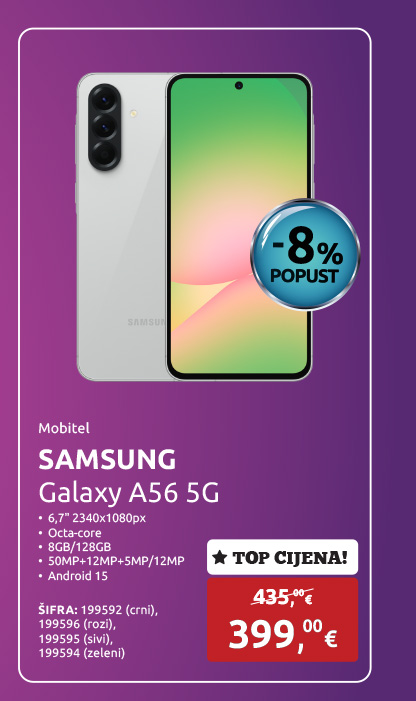 Mobitel SAMSUNG Galaxy A56 5G 6,7'' 2340x1080px, Octa-core, 8GB/128GB, 50MP+12MP+5MP/12MP, Android 15