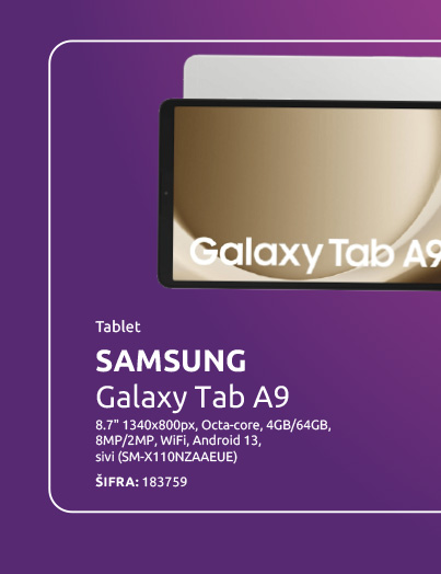 Tablet SAMSUNG Galaxy Tab A9, 8.7'' 1340x800px, Octa-core, 4GB/64GB, 8MP/2MP, WiFi, Android 13, sivi (SM-X110NZAAEUE)