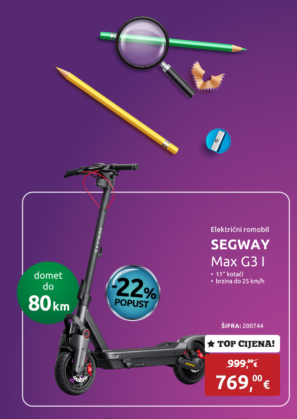 Električni romobil SEGWAY Max G3 I, 11'' kotači, do 80 km domet, brzina do 25 km/h, crni