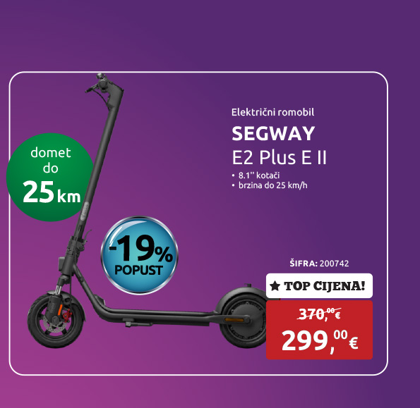 Električni romobil SEGWAY E2 Plus E II, 8.1'' kotači, do 25 km domet, brzina do 25 km/h, crni