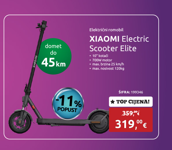 Električni romobil XIAOMI Electric Scooter Elite, 10'' kotači, 700W motor, max. brzina 25 km/h, domet do 45km, max. nosivost 120kg