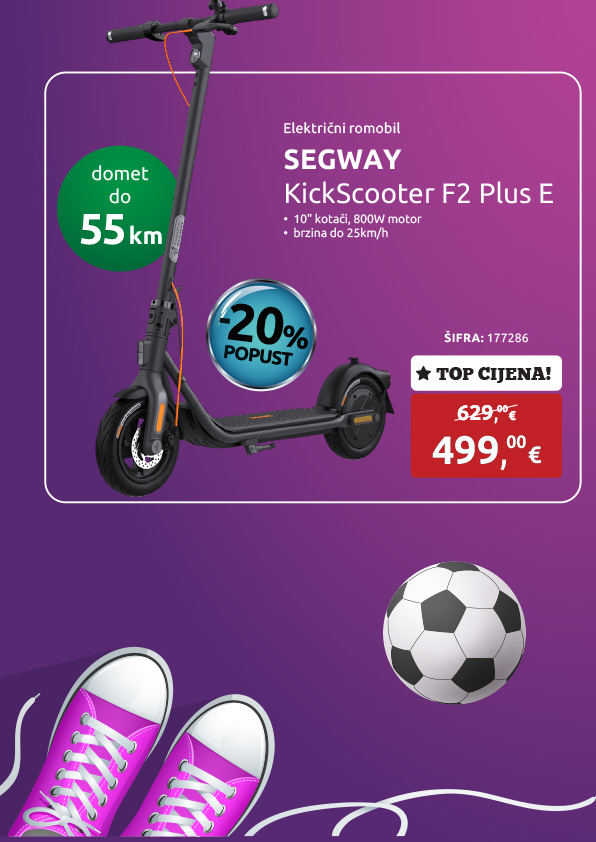 Električni romobil SEGWAY KickScooter F2 Plus E, 10'' kotači, 800W motor, do 55km domet, brzina do 25km/h, crni