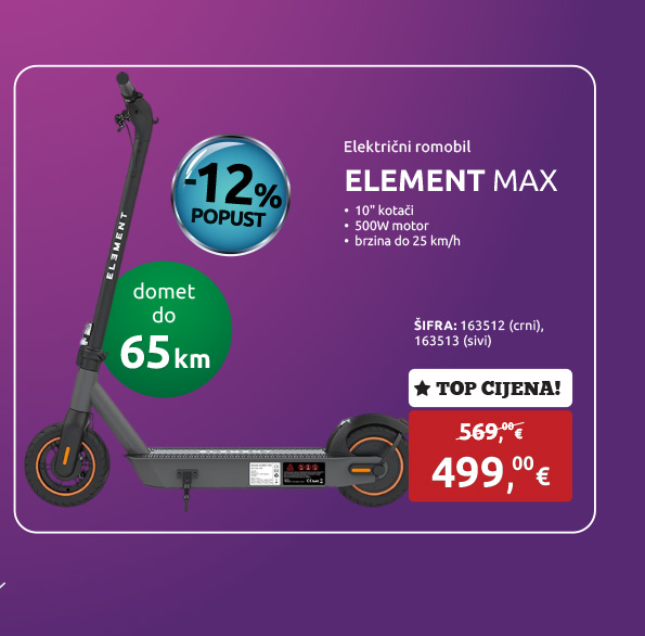 Električni romobil ELEMENT MAX, 10'' kotači, 500W motor, do 65 km domet, brzina do 25 km/h, crni