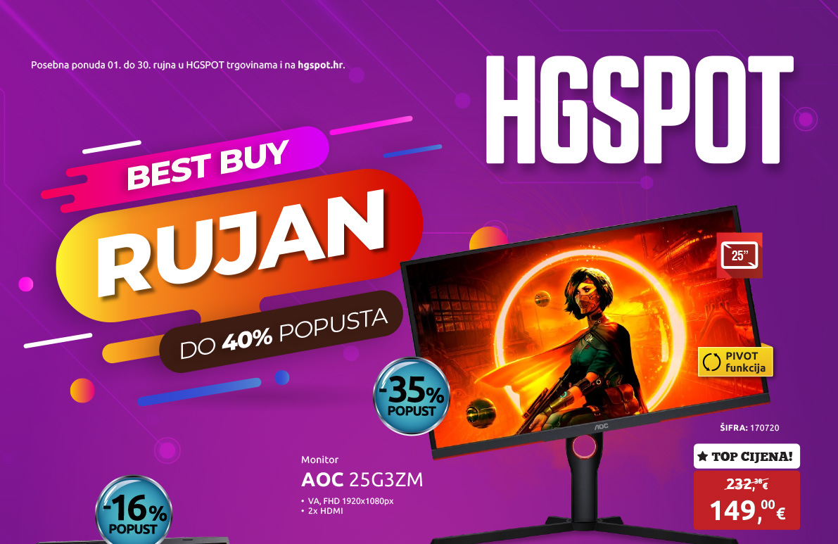 Monitor AOC 25G3ZM, 25'', VA, FHD 1920x1080px, 240Hz, 0.5ms, FreeSync, 2x HDMI, DP, pivot
								