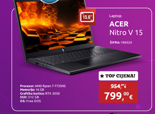 Laptop ACER Nitro V 15, Ryzen 7-7735HS/16GB/512GB SSD/RTX3050 6GB/15.6'' FHD/FreeDOS (NH.QSHEX.00B)
								
