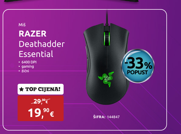 Miš RAZER Deathadder Essential, 6400 DPI, gaming, žični, crni