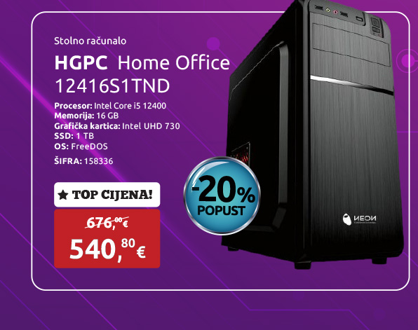 Stolno računalo HGPC Home Office 12416S1TND, Intel Core i5 12400, 16 GB, Intel UHD 730, SSD 1 TB NVMe, FreeDOS