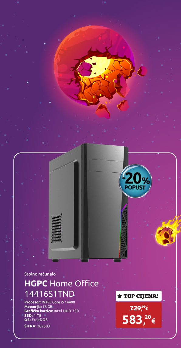 Stolno računalo HGPC Home Office 14416S1TND, Intel Core i5 14400, 16 GB, Intel UHD 730, SSD 1 TB NVMe, FreeDOS