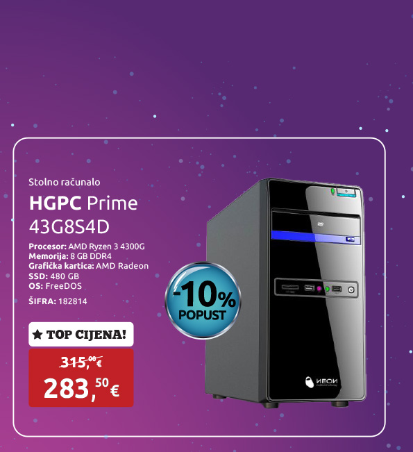 Stolno računalo HGPC Prime 43G8S4D, AMD Ryzen 3 4300G, 8 GB, AMD Radeon, SSD 480 GB, FreeDOS