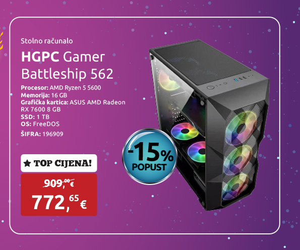 Stolno računalo HGPC Gamer Battleship 562, AMD Ryzen 5 5600, 16 GB, RX 7600, SSD 1 TB NVMe, FreeDOS (R55676016S1TND)