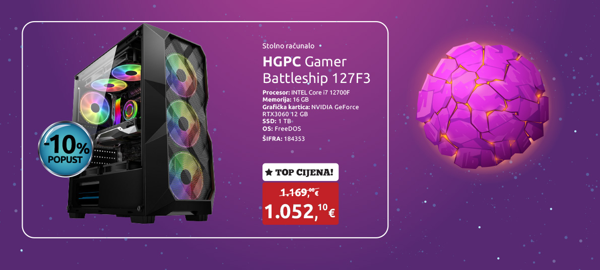 Stolno računalo HGPC Gamer Battleship 127F3, Intel Core i7 12700F, RTX3060 12 GB, 16 GB, SSD 1 TB NVMe, FreeDOS (127F30616S1TND)
								