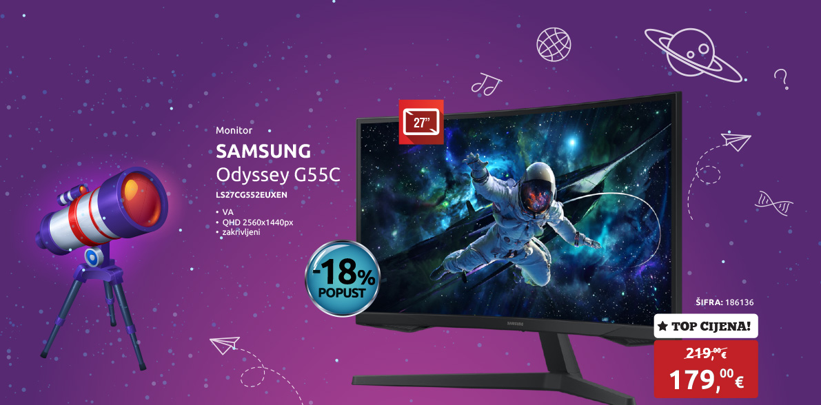 Monitor SAMSUNG Odyssey G55C LS27CG552EUXEN, 27'', VA, QHD 2560x1440px, 165Hz, 1ms, FreeSync, HDR10, HDMI, DP, zakrivljeni
								