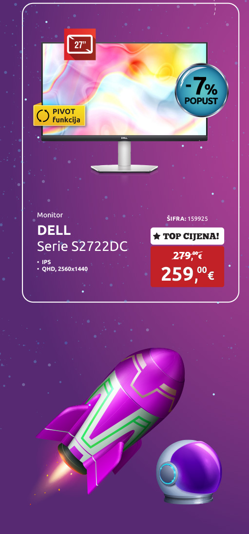 Monitor DELL S2722DC, 27'', IPS, QHD, 2560x1440, 75Hz, FreeSync, USB-C (65W), HDMI x2, USB 3.2, zvučnici, pivot
								