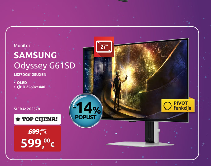 Monitor SAMSUNG Odyssey G61SD LS27DG612SUXEN, 27'', OLED, QHD 2560x1440, 240Hz, 0.03ms, G-SYNC, FreeSync, HDR10+, HDMI x2, DP, USB, pivot
								