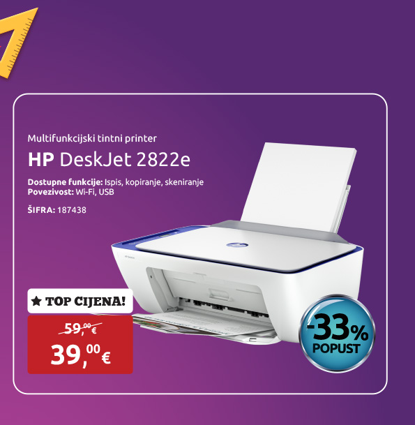 Multifunkcijski printer HP DeskJet 2822e, p/s/c, Wi-Fi, USB (588R4B)