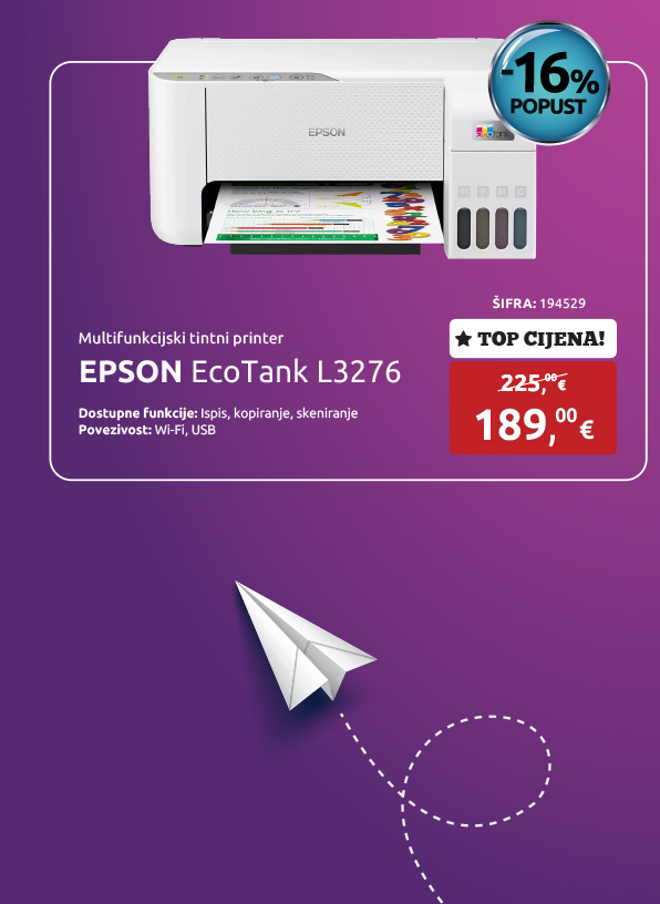 Multifunkcijski printer EPSON EcoTank L3276, CISS, p/s/c, Wi-Fi direct, USB, bijeli