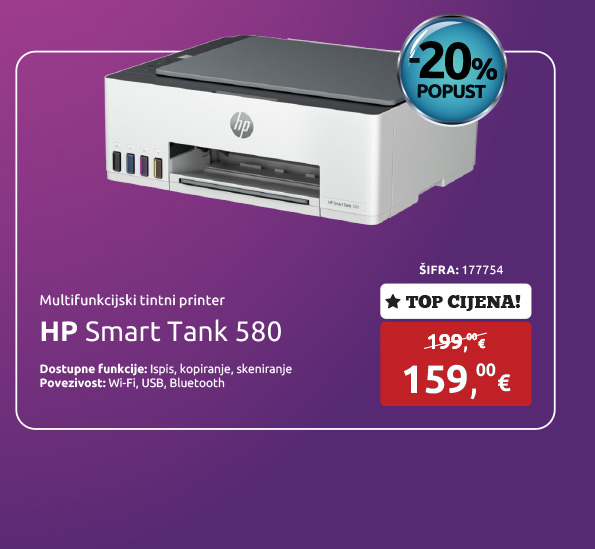 Multifunkcijski printer HP Smart Tank 580, CISS, p/s/c, Bluetooth, Wi-Fi, USB, bijeli (1F3Y2A)