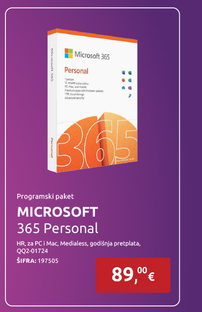Programski paket MICROSOFT 365 Personal, HR, za PC i Mac, Medialess, godišnja pretplata, QQ2-01724