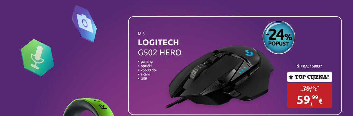 Miš LOGITECH G502 HERO, gaming, optički, 25600dpi, žičani, USB, crni (910-005471)