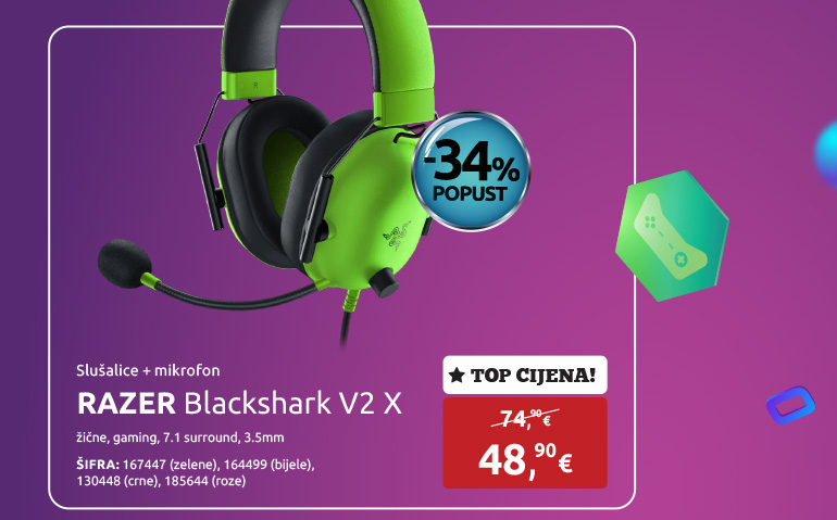 Slušalice + mikrofon RAZER Blackshark V2 X, žične, gaming, 7.1 surround, 3.5mm