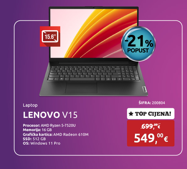 Laptop LENOVO V15, Ryzen 5-7520U/16GB/512GB/15.6''FHD/AMD Radeon 610M/Win 11 Pro (82YU00YMSC)